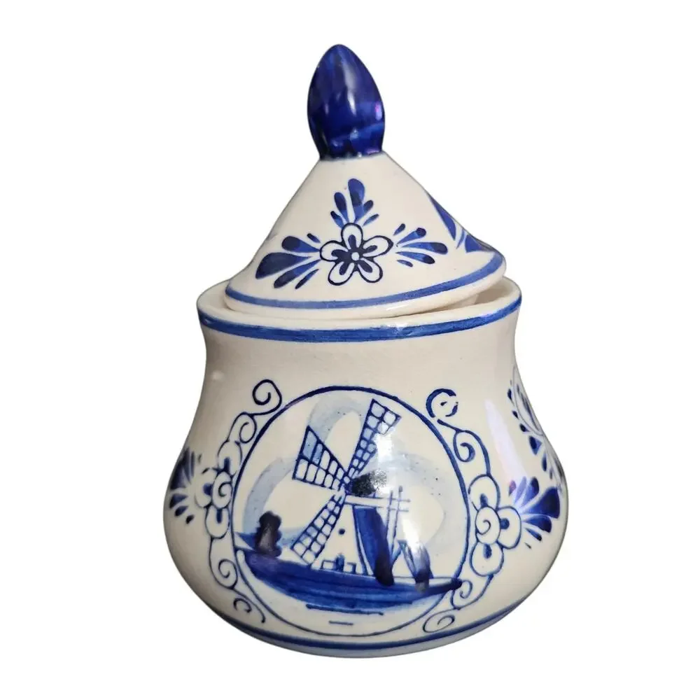Vintage Delft Blue Holland Hand Painted Sugar Bowl Windmill Floral Lidded Jar
